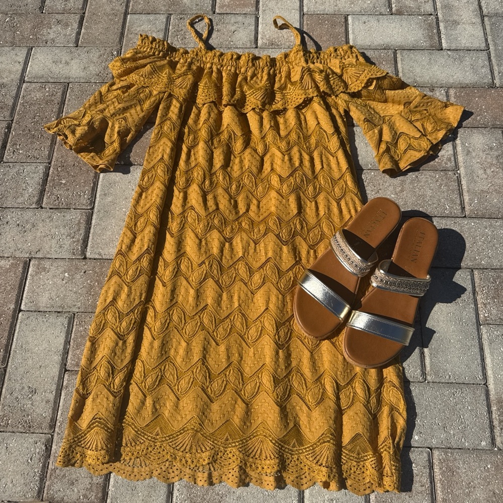 Golden Yellow Lace Off-the-Shoulder Dress Women's Large Boho Festival Summer